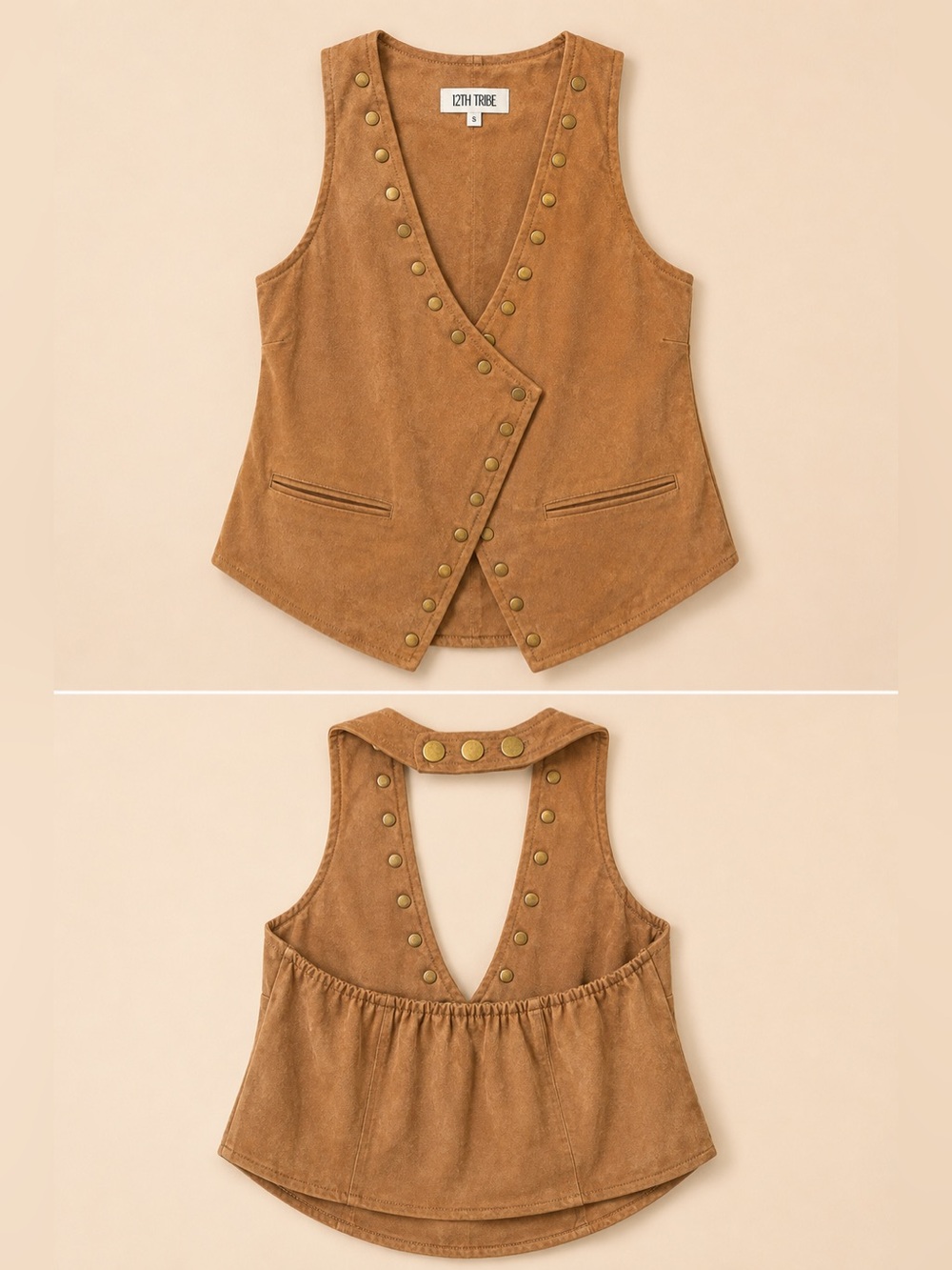 12th Tribe Camel Faux Suede Studded Halter Vest Top Size S NWT